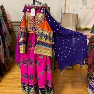Vibrant Pink and Orange Traditional Afghan Dress with Blue Shawl